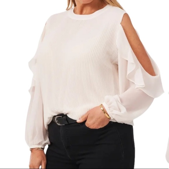 Soft Ecru Pleated Cutout Sleeve Ruffle Cold Shoulder Golden Daze by 1.STATE NEW - Picture 10 of 11
